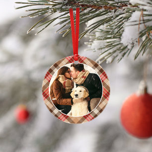 Elegantes Tan Tartan Kariertes Weihnachtsfest Foto Ornament