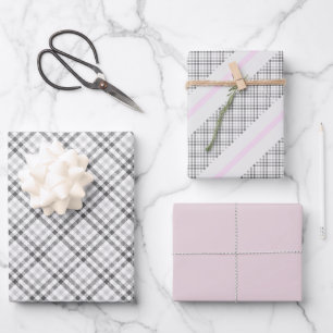Elegantes Tartan Grau Weiß Rosafarbenes Muster Geschenkpapier Set
