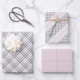 Elegantes Tartan Grau Weiß Rosafarbenes Muster Geschenkpapier Set