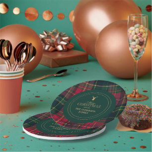 Elegantes Tartan-Karo Frohe Weihnachten Familienna Pappteller