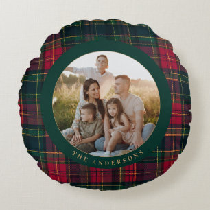 Elegantes Tartan-Karo Frohe Weihnachten Familienna Rundes Kissen
