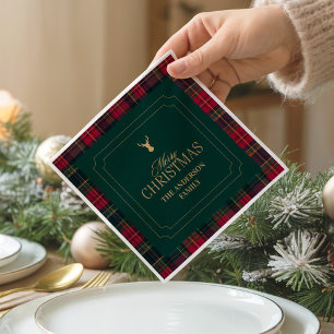 Elegantes Tartan-Karo Frohe Weihnachten Familienna Serviette
