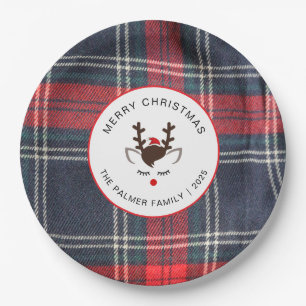 Elegantes Tartan-Karomuster & Rentier-Weihnachtsfa Pappteller