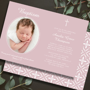Elegantes Tauf-Religiöses Kreuz Foto Dusty Pink Einladung