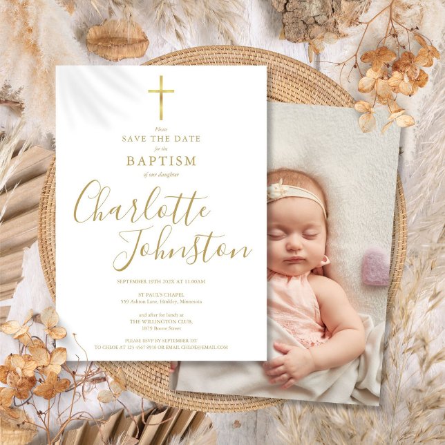 Elegantes Taufen Christening Gold Signature Foto Save The Date (Elegant Baptism Christening Gold Signature Photo Save The Date)