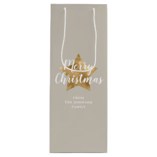 Elegantes Taupe-Beige Faux-Gold-Stern Frohe Weihna Geschenktüte Für Weinflaschen
