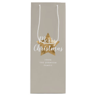 Elegantes Taupe-Beige Faux-Gold-Stern Frohe Weihna Geschenktüte Für Weinflaschen