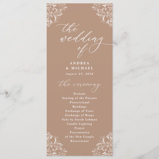 Elegantes Taupe Beige Vintage Hochzeitsprogramm Programm (Vorderseite)