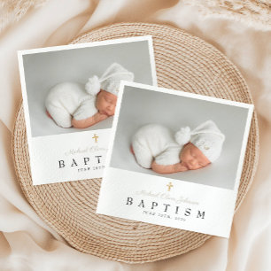 Elegantes Taupe religiöses Kreuz Foto Taufe Serviette