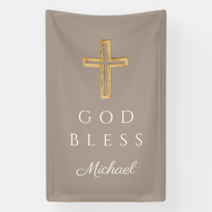 Elegantes Taupe religiöses Kreuz Junge Gott segne Banner