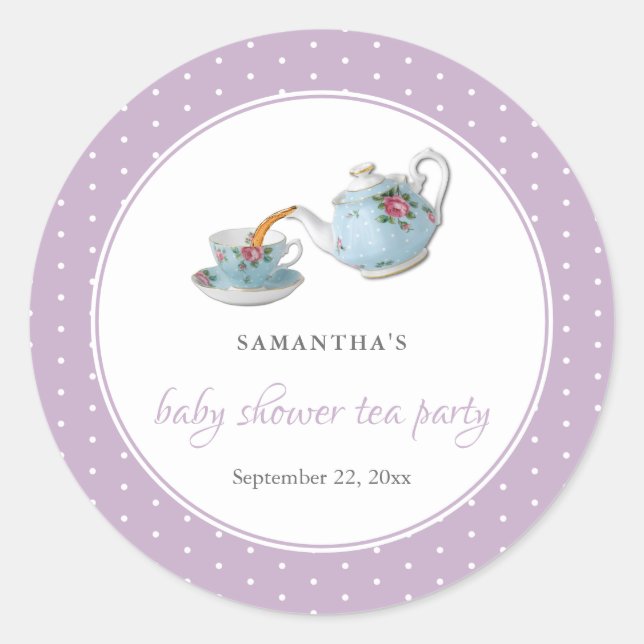 Elegantes Teacups Baby Dusche Tee Party Runder Aufkleber (Vorderseite)