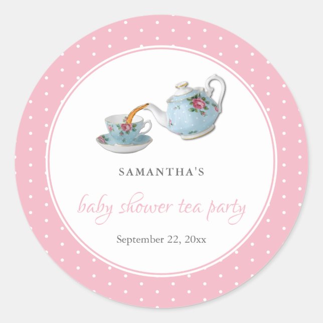 Elegantes Teacups Baby Dusche Tee Party Runder Aufkleber (Vorderseite)