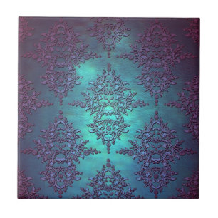 Elegantes Teal- bis Lila-Damaskusmuster Fliese