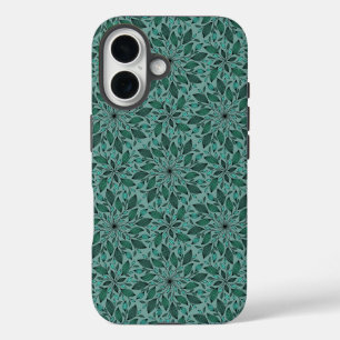 Elegantes Teal-Blumenmuster mit Blatt-Mandala  iPhone 16 Hülle