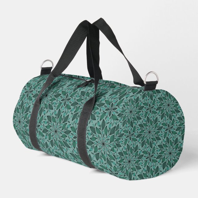 Elegantes Teal-Blumenmuster mit Blatt-Mandala  Duffle Bag (Linke Seite)