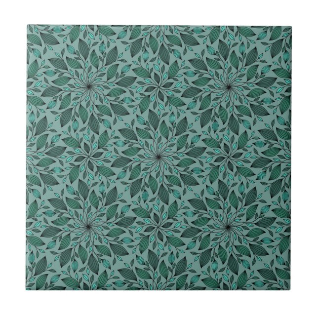 Elegantes Teal-Blumenmuster mit Blatt-Mandala Fliese (Vorderseite)