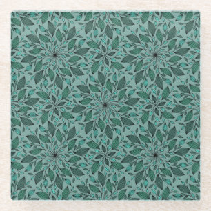Elegantes Teal-Blumenmuster mit Blatt-Mandala  Glasuntersetzer