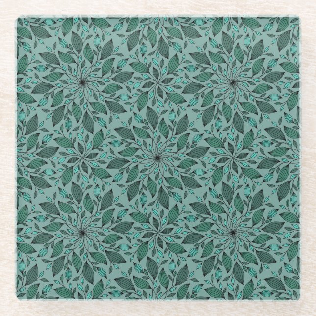 Elegantes Teal-Blumenmuster mit Blatt-Mandala  Glasuntersetzer (Vorderseite)