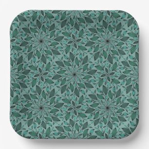 Elegantes Teal-Blumenmuster mit Blatt-Mandala Pappteller