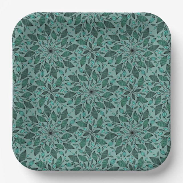 Elegantes Teal-Blumenmuster mit Blatt-Mandala Pappteller (Vorderseite)