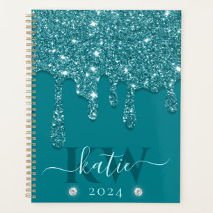 Elegantes Teal-Glitter-Monogramm Planer