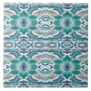 Elegantes Teal- und Blaublütenmuster im Barockstil Fliese