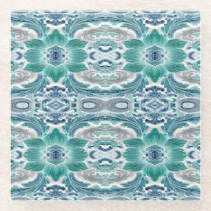 Elegantes Teal- und Blaues Barock-Blumenmuster Glasuntersetzer