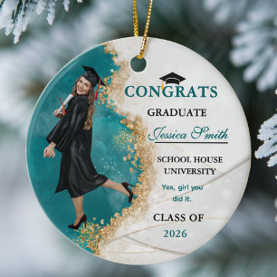 Elegantes Teal- und Gold-Foto für Absolventen Keramik Ornament