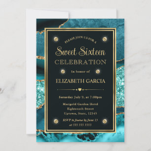Elegantes Teal- und Gold-Glitter-Achat-Sweet-Sixte Einladung