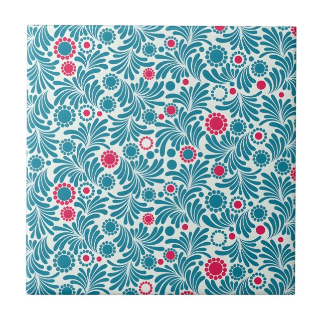 Elegantes Teal- und Magenta-Blattmuster Fliese (Vorderseite)
