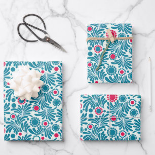 Elegantes Teal- und Magenta-Blattmuster Geschenkpapier Set