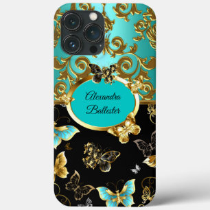 Elegantes Tealblau Damast Blumen Schmetterling Gol Case-Mate iPhone Hülle