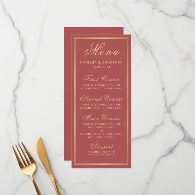 Elegantes Terracotta Gold Script Wedding Menu Menükarte (Vorderseite/Rückseite Beispiel)