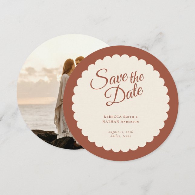 Elegantes Terracotta Script Scallop Wedding Foto Save The Date (Vorne/Hinten)