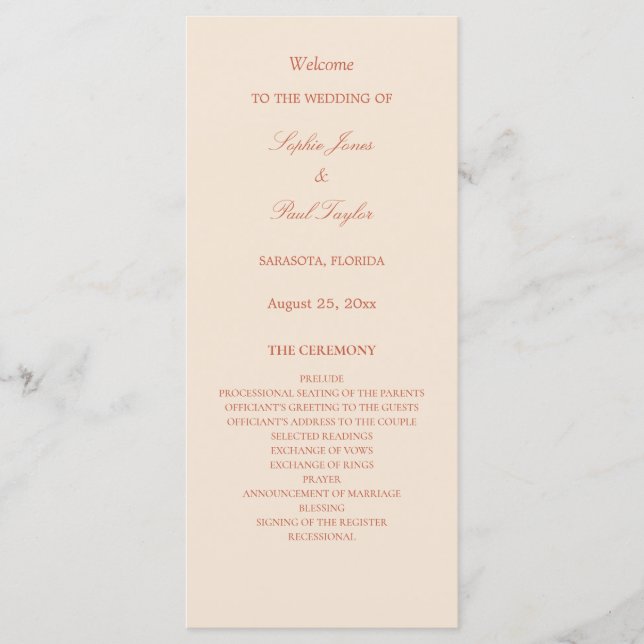 Elegantes Terracotta Script Wedding Program (Vorderseite)