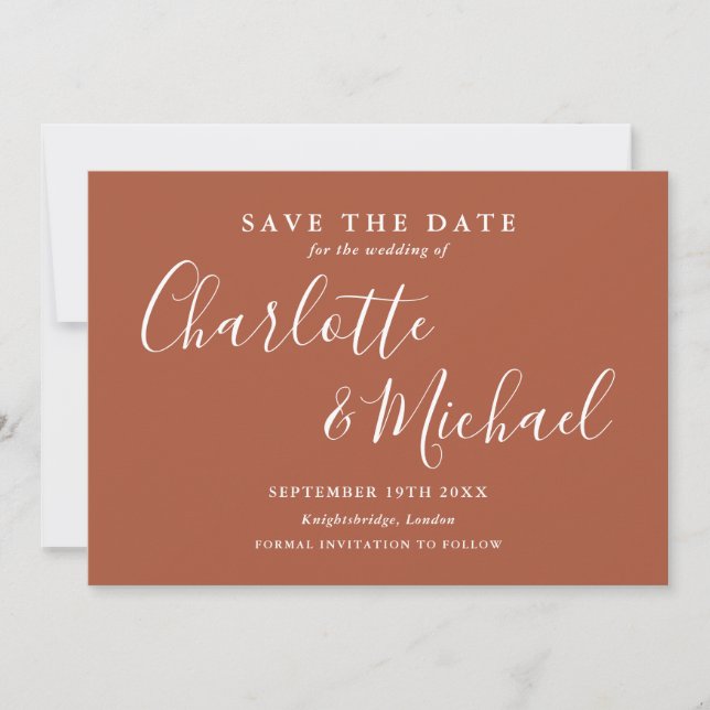 Elegantes Terracotta Signature Script-Foto Save The Date (Vorderseite)