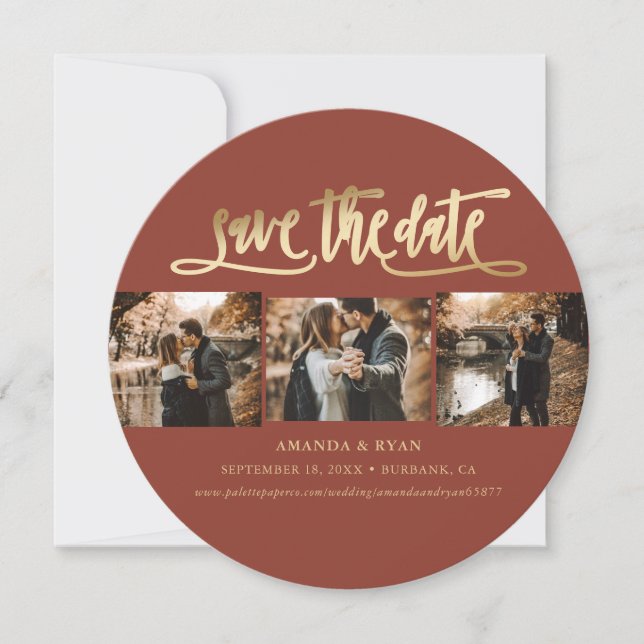 Elegantes Terracotta und Gold Wedding Foto Save The Date (Vorderseite)