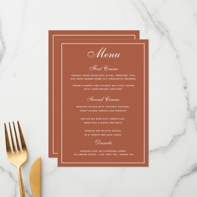 Elegantes Terracotta White Script Wedding Menu Menükarte (Vorderseite/Rückseite Beispiel)