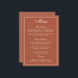 Elegantes Terracotta White Script Wedding Menu Menükarte<br><div class="desc">Eine elegante Art,  Ihren Gästen ihre Menüoptionen zu zeigen. In Terracotta orange mit weißem Schriftzeichen. Ein eleganter Hochzeitswettbewerb-Schriftart wurde mit einem modernen Stil kombiniert,  der den Schriftart all Caps zu einem stilvollen und dennoch benutzerfreundlichen Hochzeitsmenü macht. Für Ihre Menüoptionen wurde ausreichend Platz reserviert.</div>