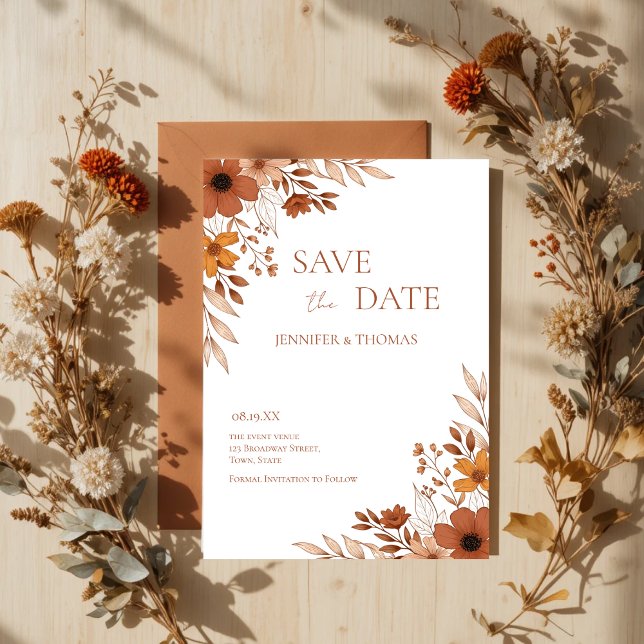 Elegantes Terrakotta-Blumen-Hochzeit handgezeichne Save The Date (Elegant Terracotta Floral Hand-Drawn Save the Date)