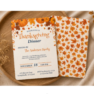 Elegantes Thanksgiving-Dinner-Kürbis-Herbstblätter Einladung