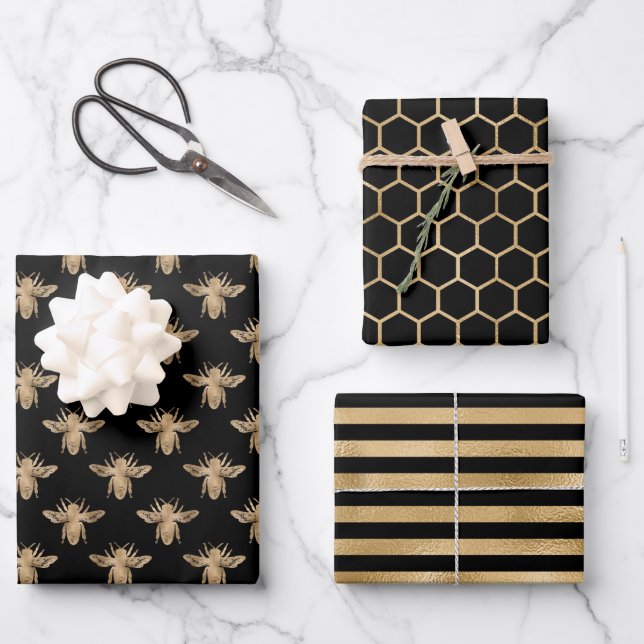 Elegantes Thema für schwarze und goldene Bienen  Geschenkpapier Set (Vorderseite)