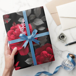 Elegantes Tiefrotes Rosen-Schwarzes Blumenmuster Geschenkpapier