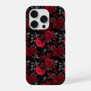 Elegantes Tiefrotes Rosen-Schwarzes Blumenmuster iPhone 15 Pro Hülle