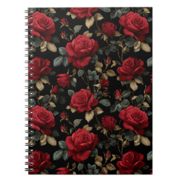 Elegantes Tiefrotes Rosen Schwarzes Blumenmuster Notizblock