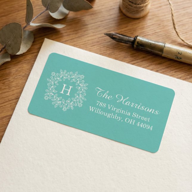 Elegantes Tiffany Aquamarin-grünes Blumenkrongramm Adressaufkleber (Von Creator hochgeladen)