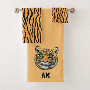 Elegantes Tigergesicht und Monogramm-Badehandtuch- Badhandtuch Set