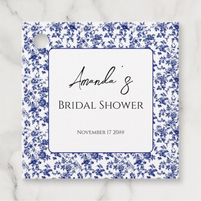 Elegantes Toile Blue Floral Brautparty Geschenkanhänger (Vorderseite)