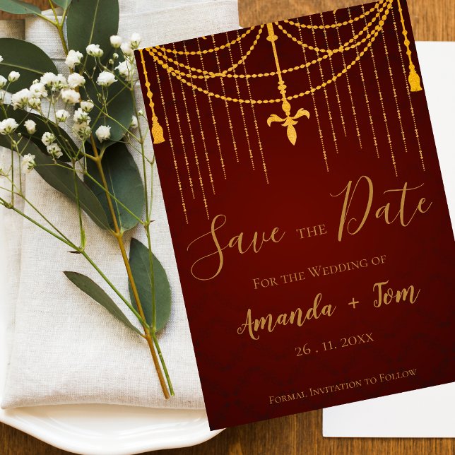 Elegantes traditionelles Gold Twirls Hochzeit Save The Date (Elegant Red Traditional Gold Twirls Luxury Wedding Save The Date)