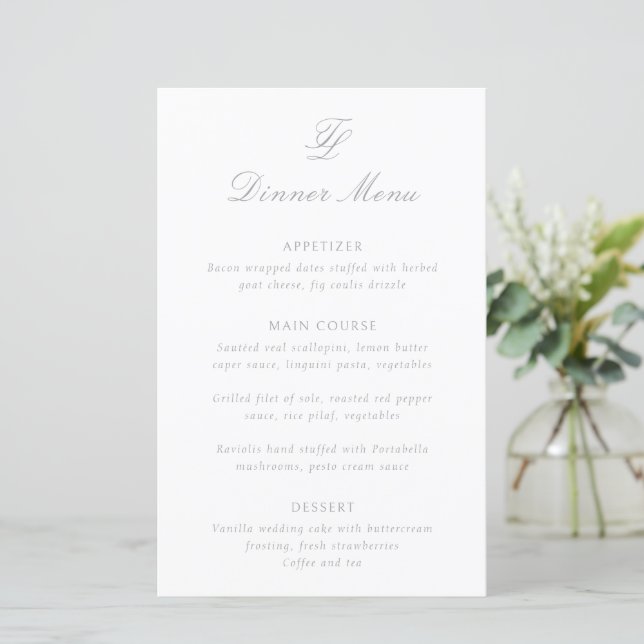 Elegantes traditionelles Hochzeitsmenü in Grau (Stehend Vorderseite)